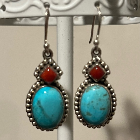 Sterling Silver Blue Mohave Turquoise Red Coral Earrings - Picture 5 of 7